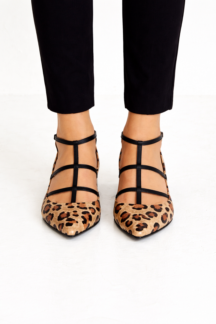 Women's Pointed Toe Leopard Pattern Strap Heels