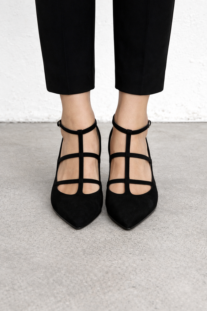 Women's Pointed Toe Strap Heels with Multi Strap Front Design