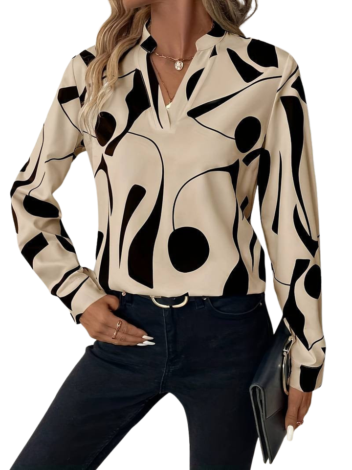 Women's Printed Long Sleeve V Split Neck Blouse