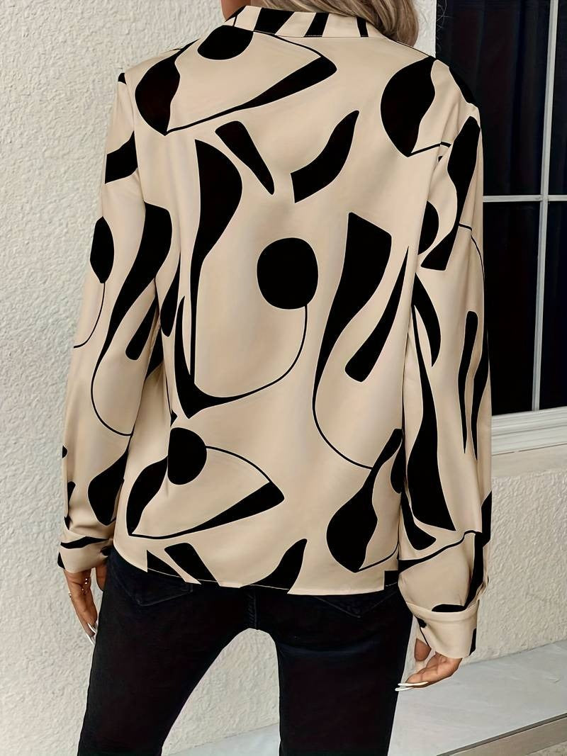 Women's Printed Long Sleeve V Split Neck Blouse