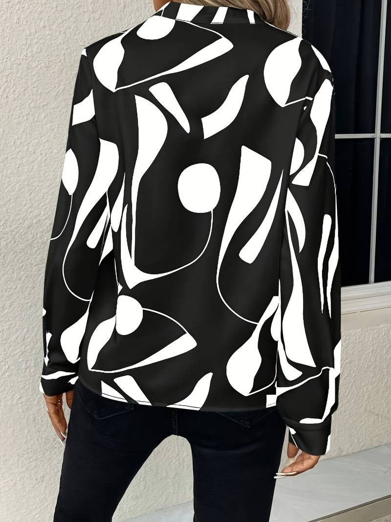 Women's Printed Long Sleeve V Split Neck Blouse