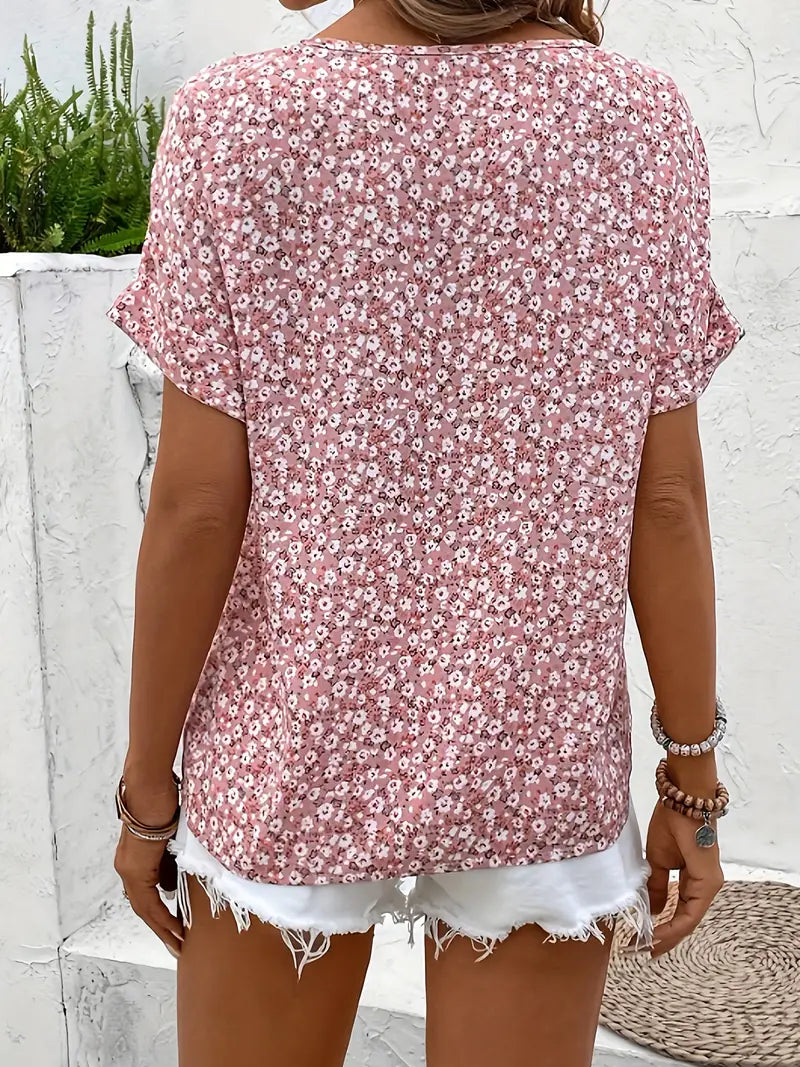 Women's Printed Loose Short Sleeve Blouse with Button Front