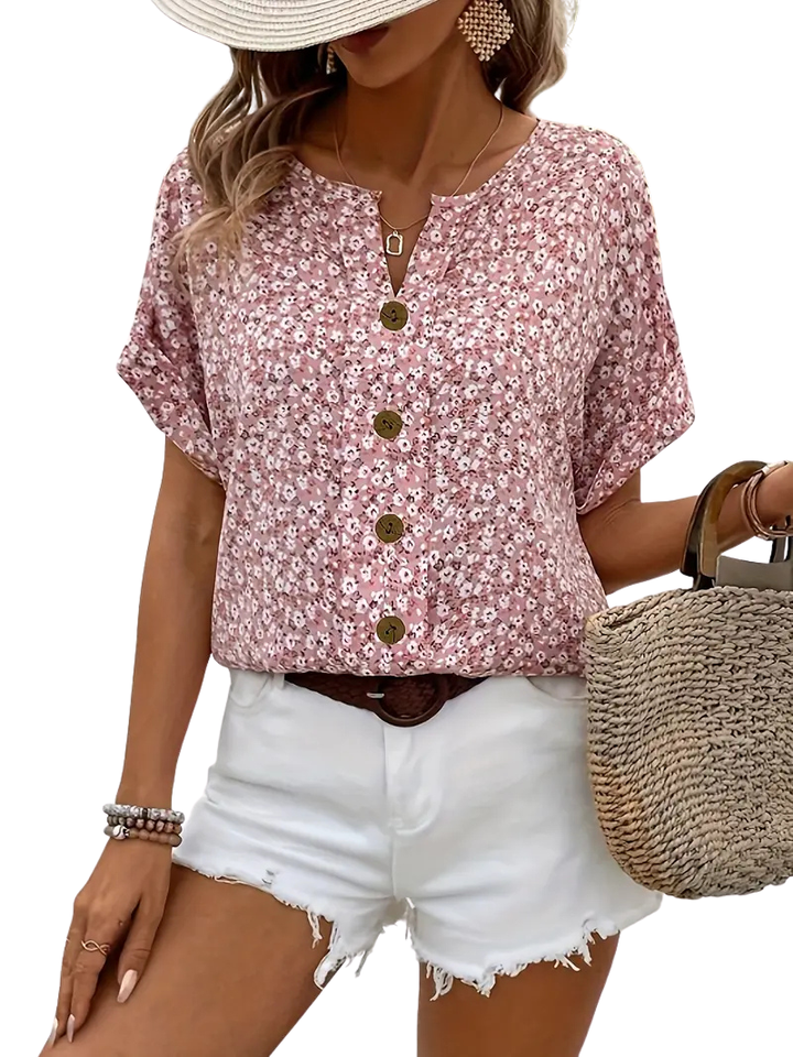Women's Printed Loose Short Sleeve Blouse with Button Front