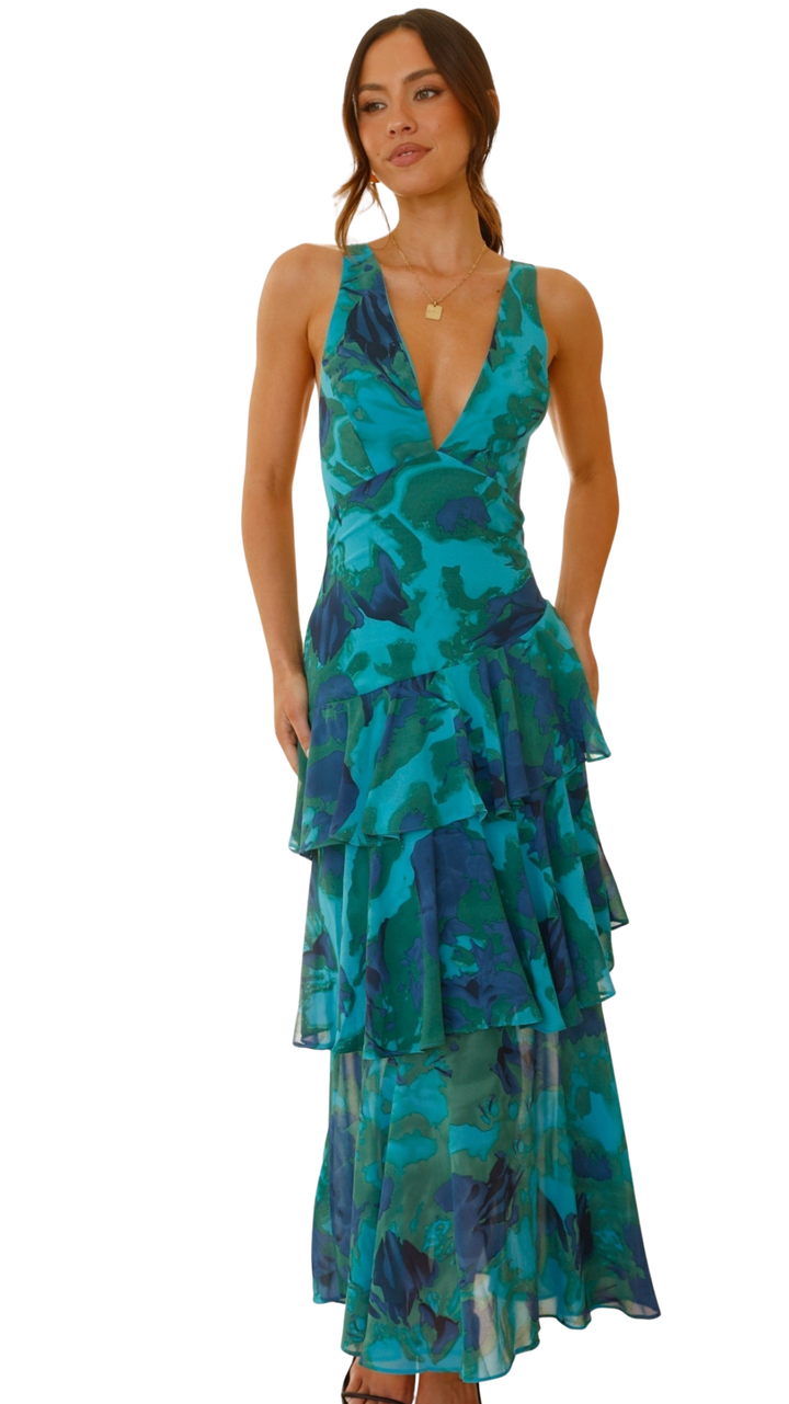 Women's Printed Maxi Dress With Deep V Neck And Layered Skirt