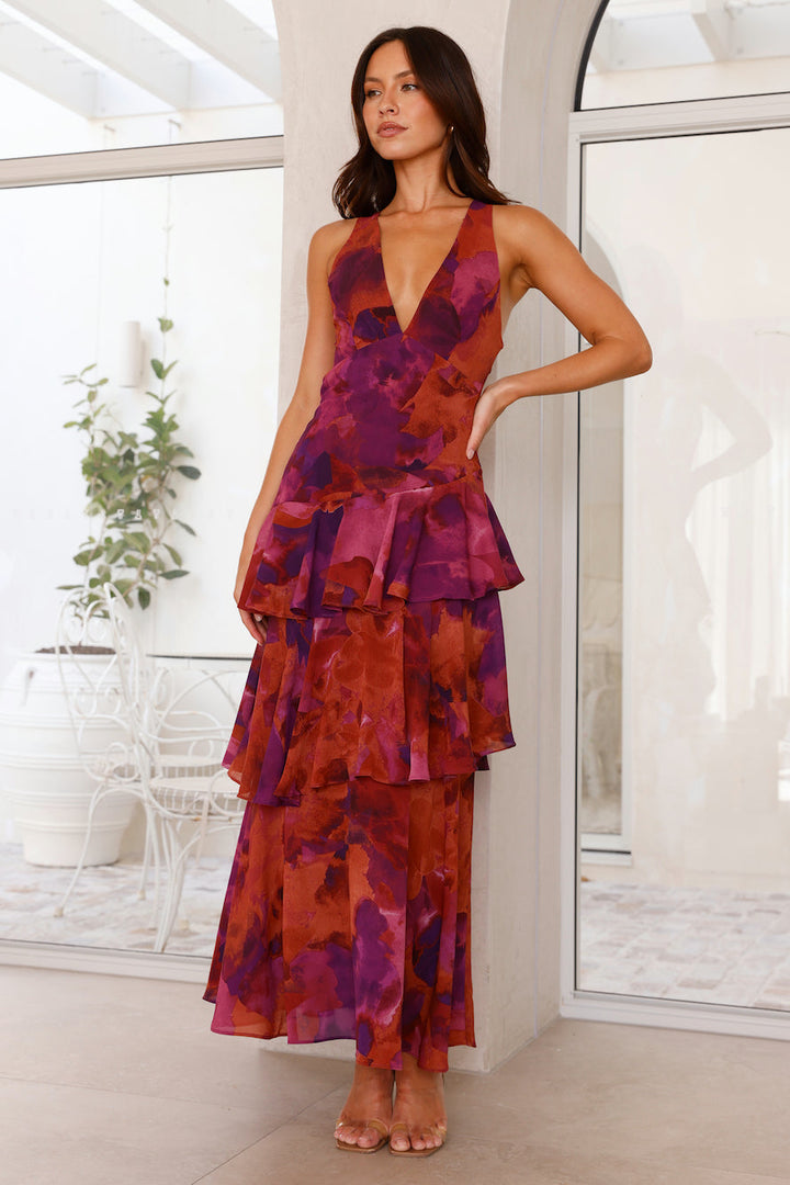 Women's Printed Maxi Dress With Deep V Neck And Layered Skirt