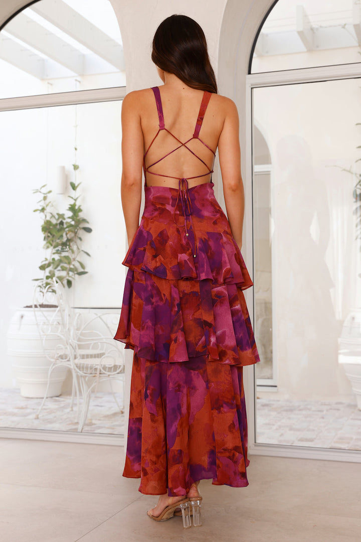Women's Printed Maxi Dress With Deep V Neck And Layered Skirt