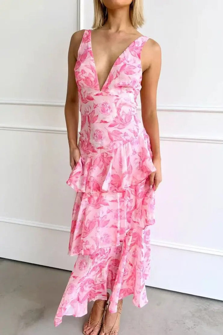 Women's Printed Maxi Dress With Deep V Neck And Layered Skirt