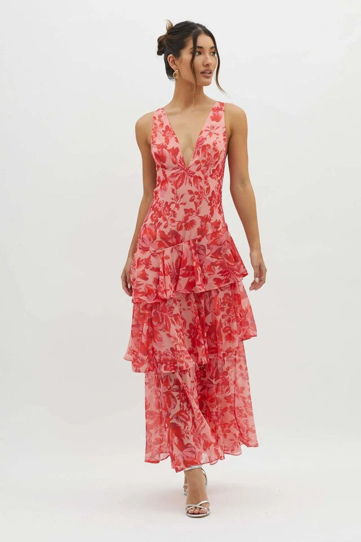 Women's Printed Maxi Dress With Deep V Neck And Layered Skirt
