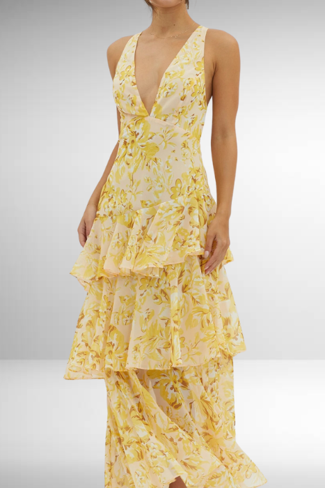 Women's Printed Maxi Dress With Deep V Neck And Layered Skirt