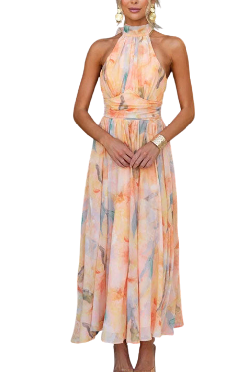 Women's Printed Maxi Dress With Halter Neck And Open Back