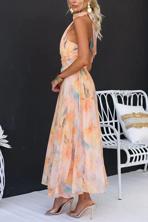 Women's Printed Maxi Dress With Halter Neck And Open Back