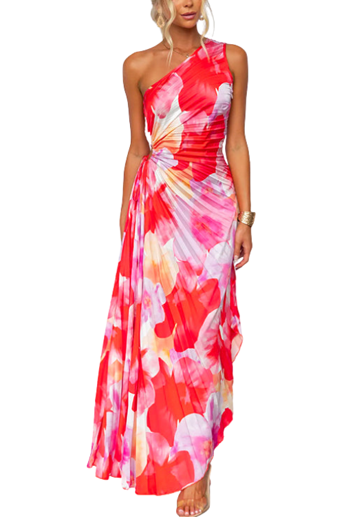 Women's Printed Maxi Dress with One Shoulder Cut and Draped Skirt