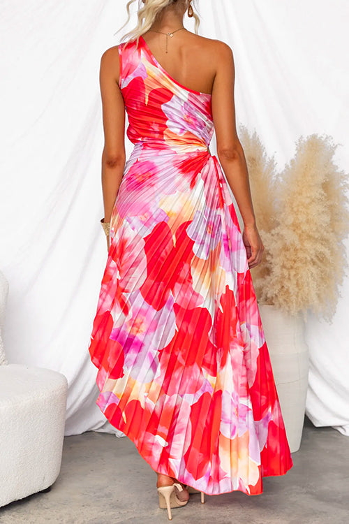 Women's Printed Maxi Dress with One Shoulder Cut and Draped Skirt