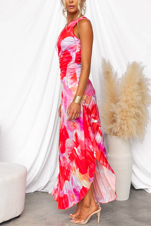 Women's Printed Maxi Dress with One Shoulder Cut and Draped Skirt