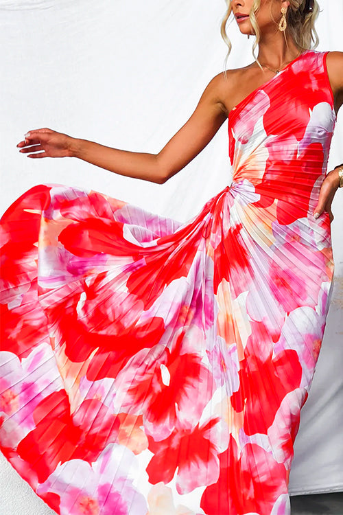 Women's Printed Maxi Dress with One Shoulder Cut and Draped Skirt