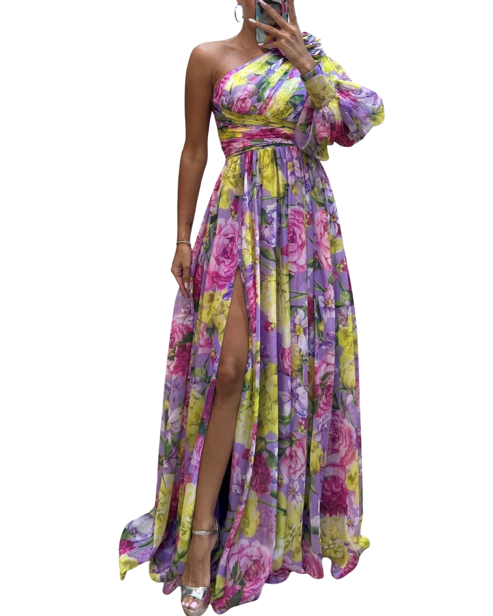 Women's Printed Maxi Dress with One Shoulder Cut and Draped Waist