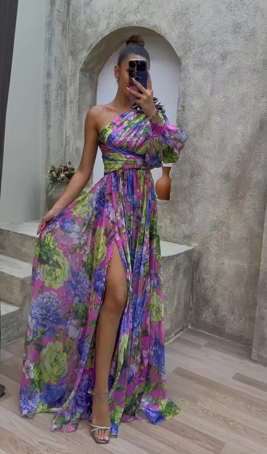Women's Printed Maxi Dress with One Shoulder Cut and Draped Waist