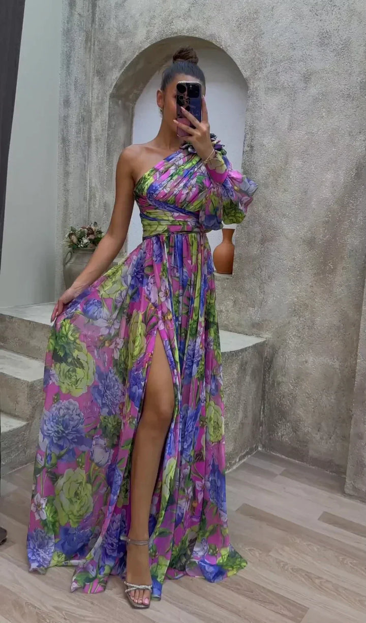 Women's Printed Maxi Dress with One Shoulder Cut and Draped Waist