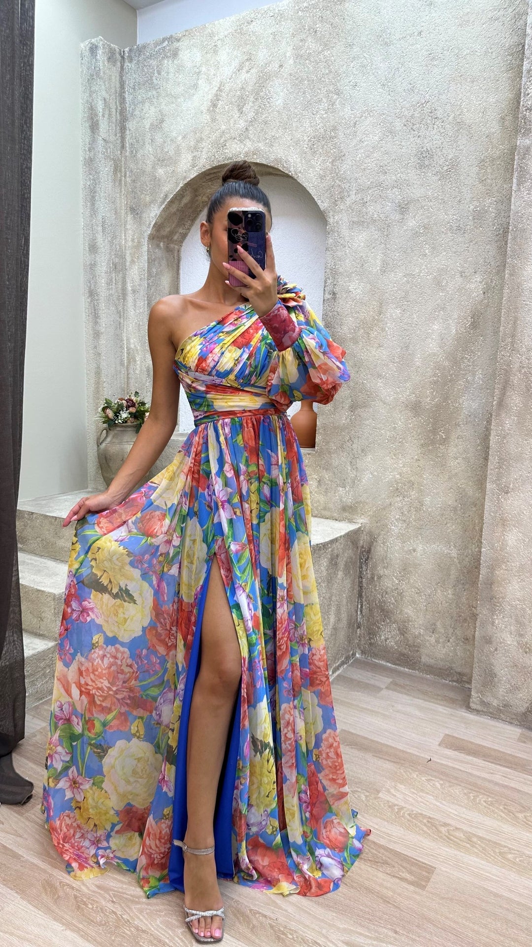 Women's Printed Maxi Dress with One Shoulder Cut and Draped Waist