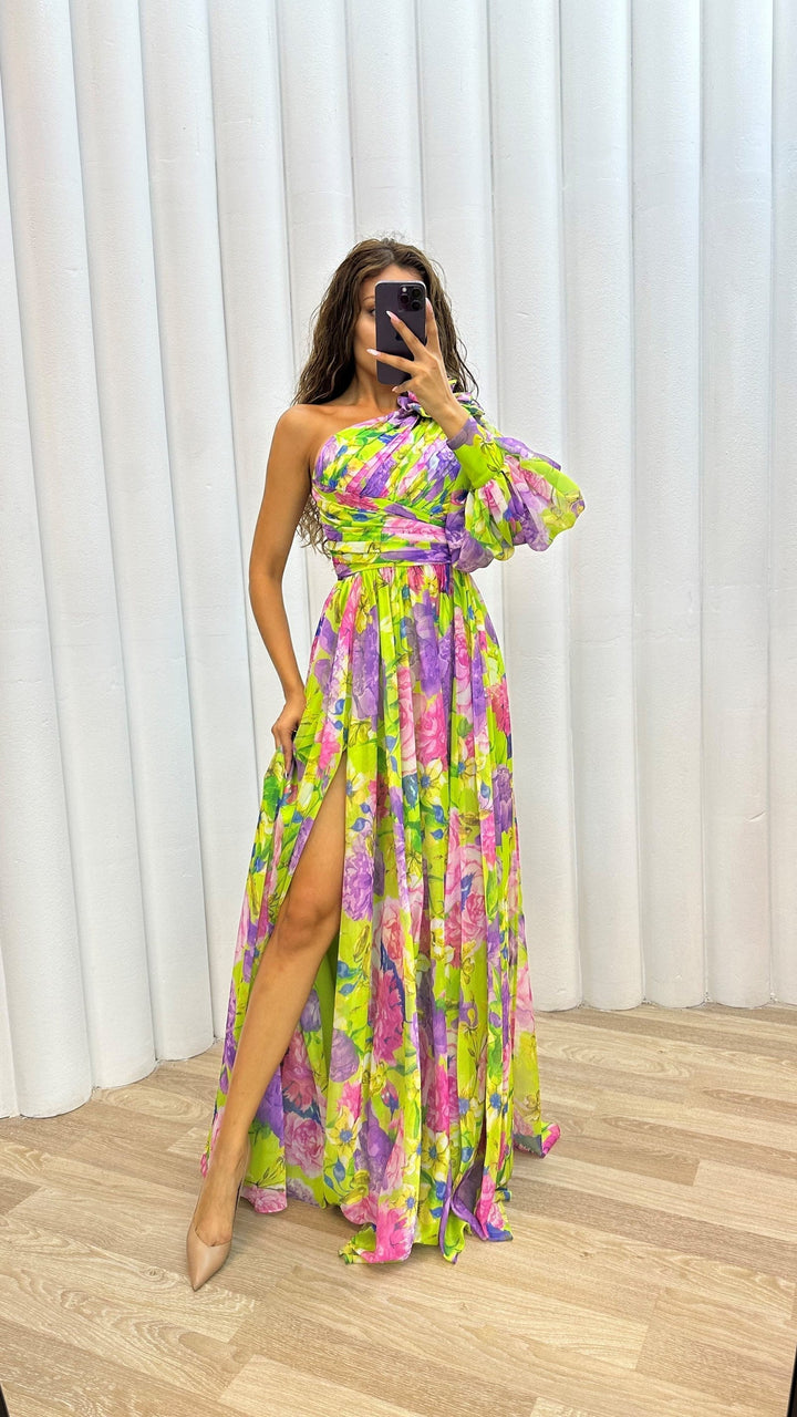 Women's Printed Maxi Dress with One Shoulder Cut and Draped Waist