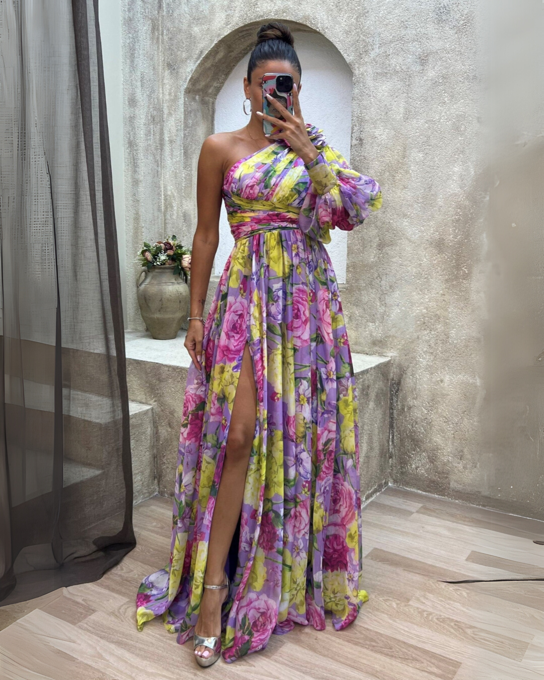 Women's Printed Maxi Dress with One Shoulder Cut and Draped Waist