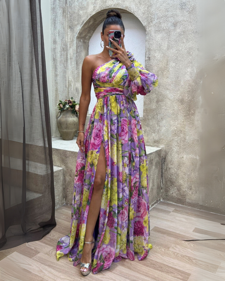 Women's Printed Maxi Dress with One Shoulder Cut and Draped Waist