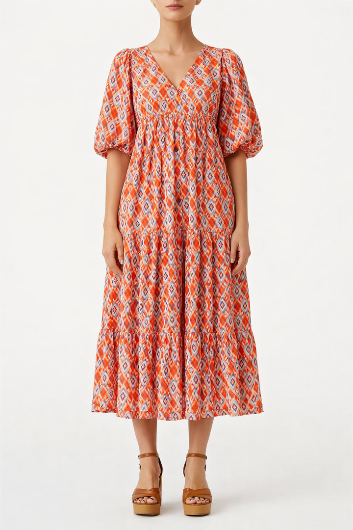 Women's Printed Puff Sleeve V Neck Loose Maxi Dress