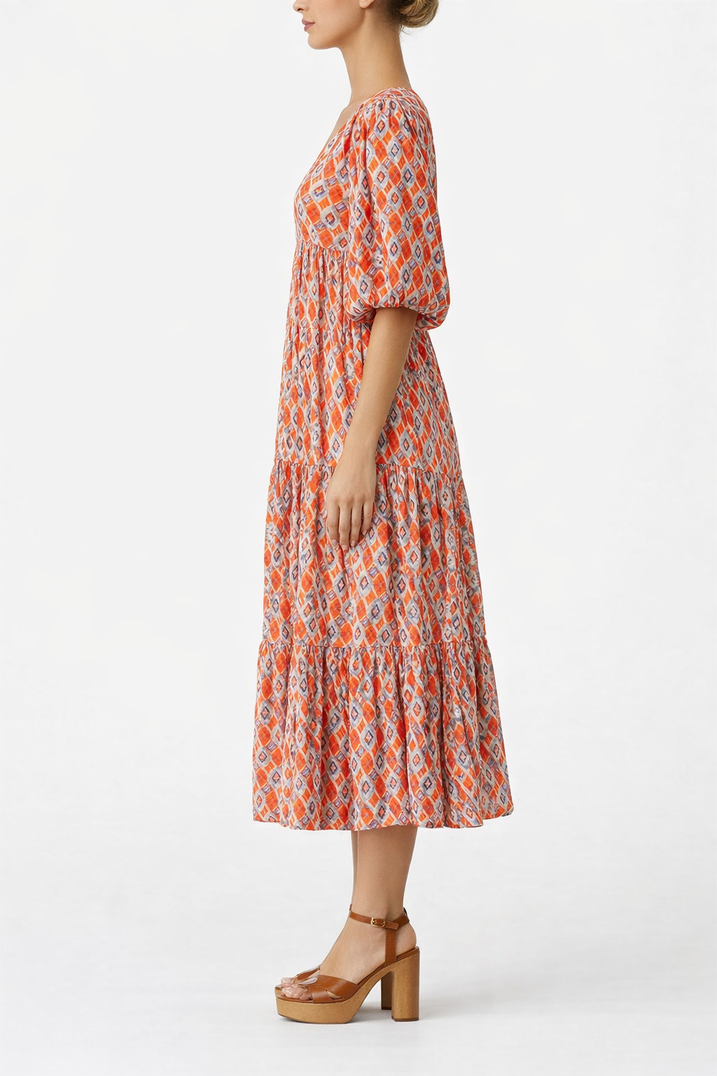 Women's Printed Puff Sleeve V Neck Loose Maxi Dress