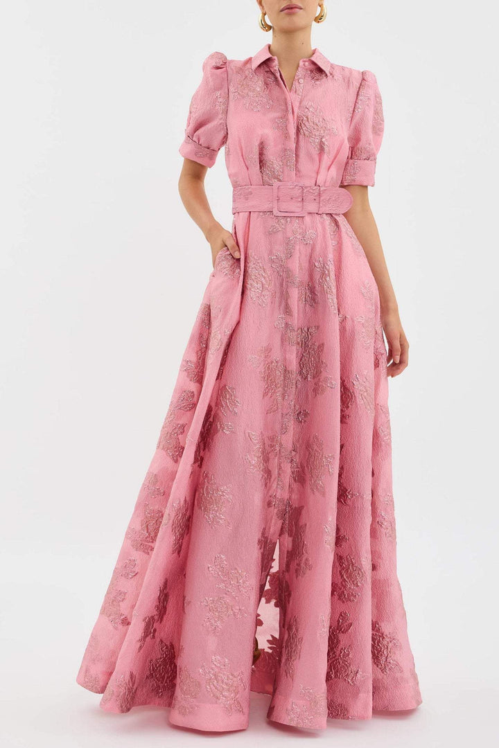 Women's Puff Sleeve Floral Maxi Dress with Belt and Collar