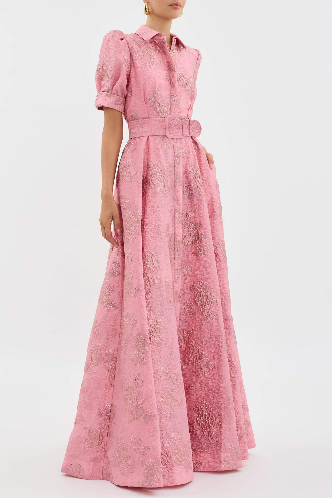 Women's Puff Sleeve Floral Maxi Dress with Belt and Collar