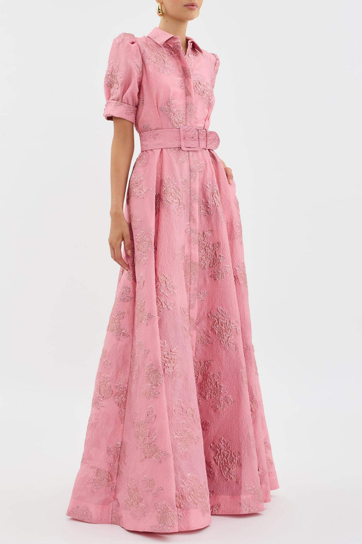Women's Puff Sleeve Floral Maxi Dress with Belt and Collar