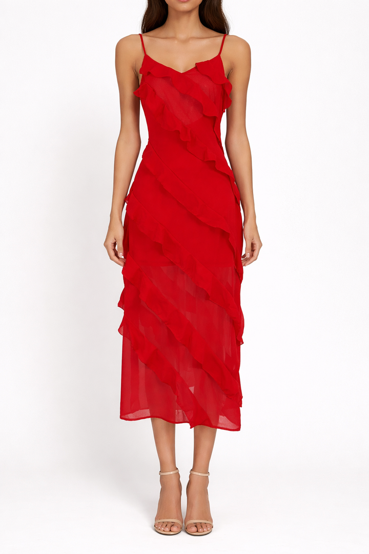 Women’s Red Ruffle Midi Dress with Shoulder Straps and Layered Design
