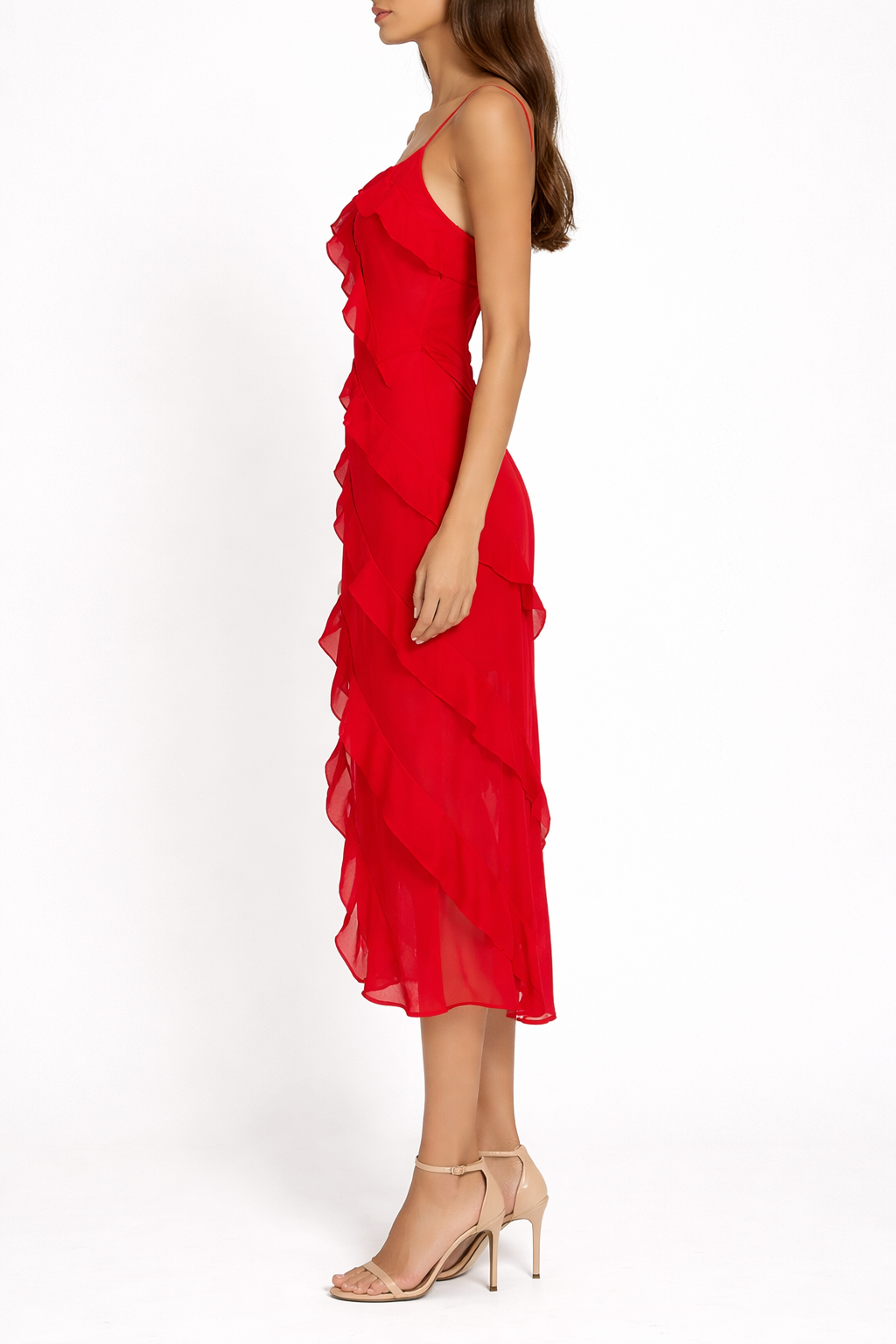 Women’s Red Ruffle Midi Dress with Shoulder Straps and Layered Design