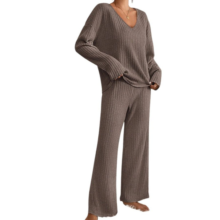 Women’s Ribbed Two-Piece Set with Long Sleeves and Wide Trousers