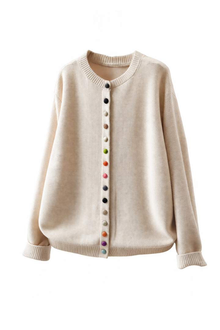 Women's Round Neck Cardigan with Button Front and Ribbed Cuffs