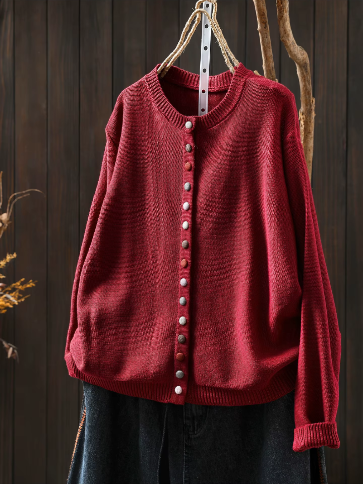 Women's Round Neck Cardigan with Button Front and Ribbed Cuffs