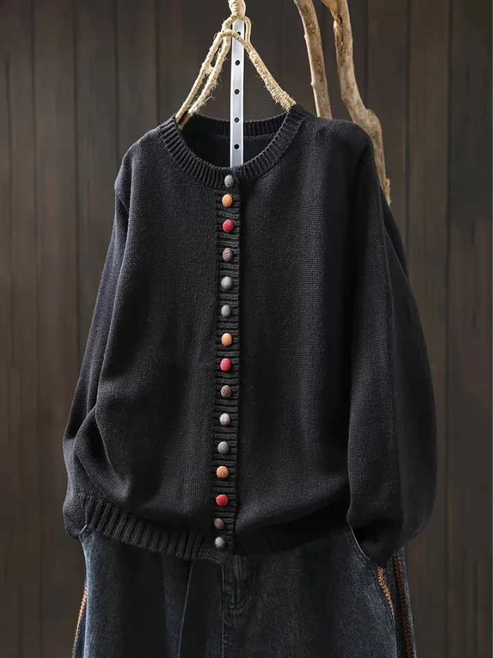 Women's Round Neck Cardigan with Button Front and Ribbed Cuffs