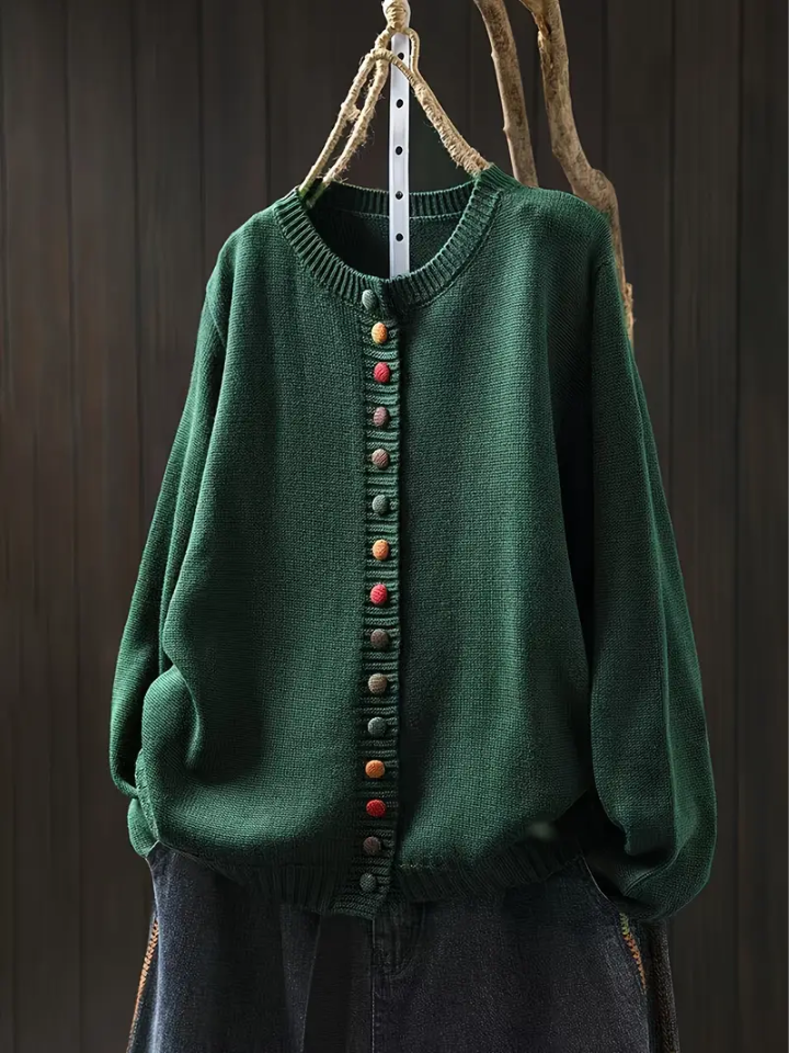 Women's Round Neck Cardigan with Button Front and Ribbed Cuffs