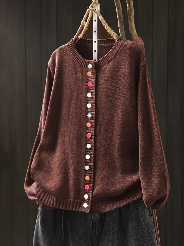 Women's Round Neck Cardigan with Button Front and Ribbed Cuffs