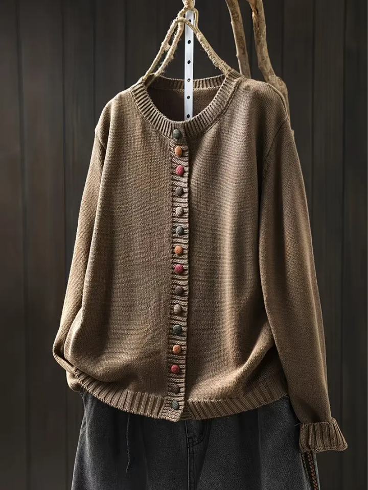 Women's Round Neck Cardigan with Button Front and Ribbed Cuffs