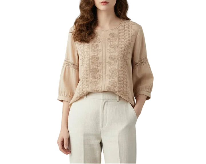 Women's Round Neck Embroidered Blouse with Three Quarter Sleeves
