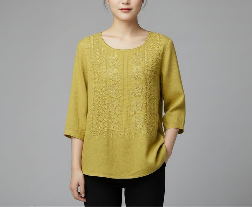 Women's Round Neck Embroidered Blouse with Three Quarter Sleeves