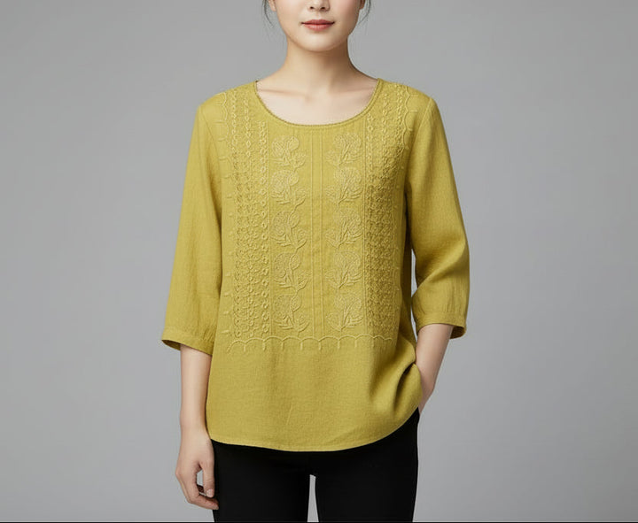 Women's Round Neck Embroidered Blouse with Three Quarter Sleeves