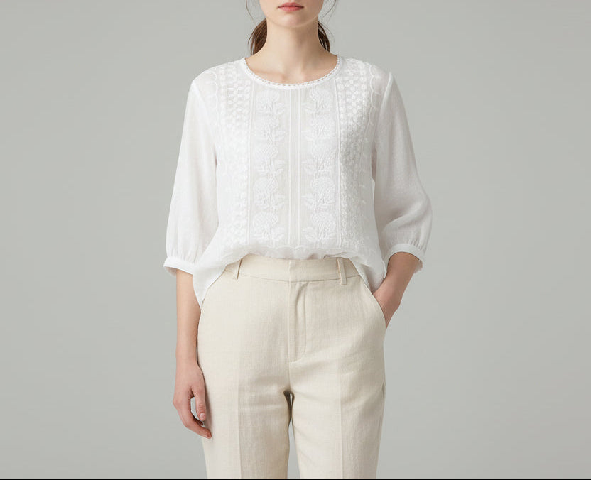 Women's Round Neck Embroidered Blouse with Three Quarter Sleeves