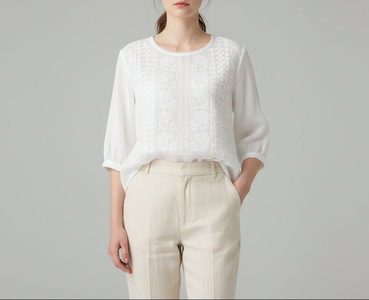 Women's Round Neck Embroidered Blouse with Three Quarter Sleeves