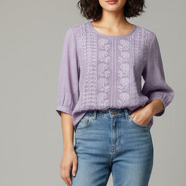 Women's Round Neck Embroidered Blouse with Three Quarter Sleeves