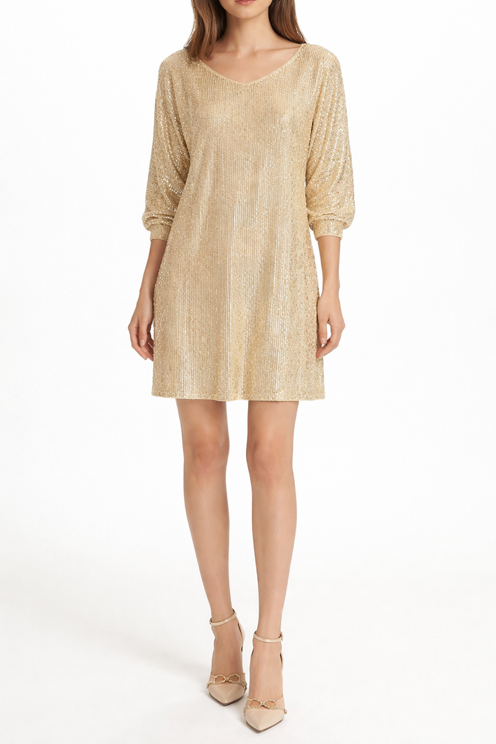 Women's Sequin Loose Long Sleeve  Mini Dress With V Neck