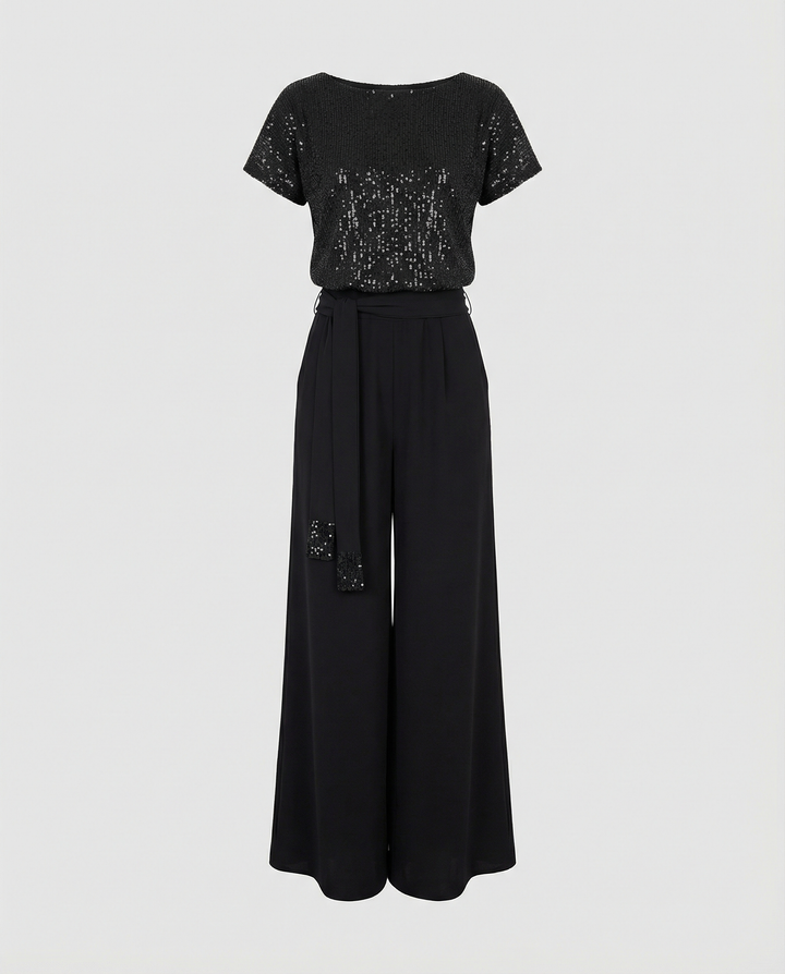 Women's Sequin Wide Leg Jumpsuit with Waist Tie