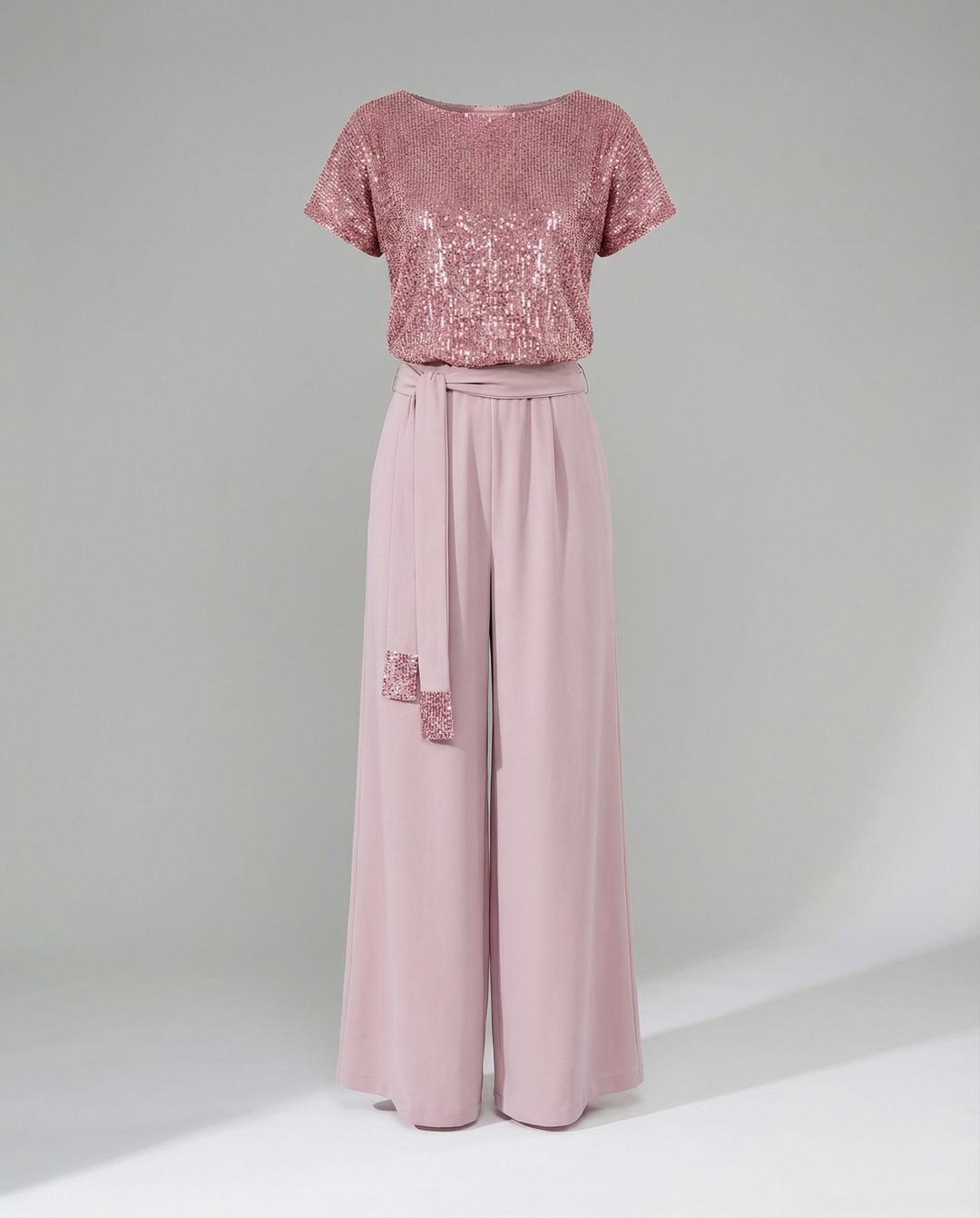 Women's Sequin Wide Leg Jumpsuit with Waist Tie
