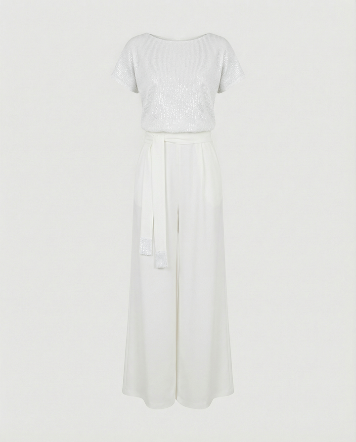 Women's Sequin Wide Leg Jumpsuit with Waist Tie